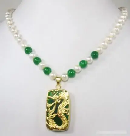 

FREE SHIPPING@@ Hot sale new Style Genuine White Pearl Green stone Yellow - Dragon Pendant Necklace
