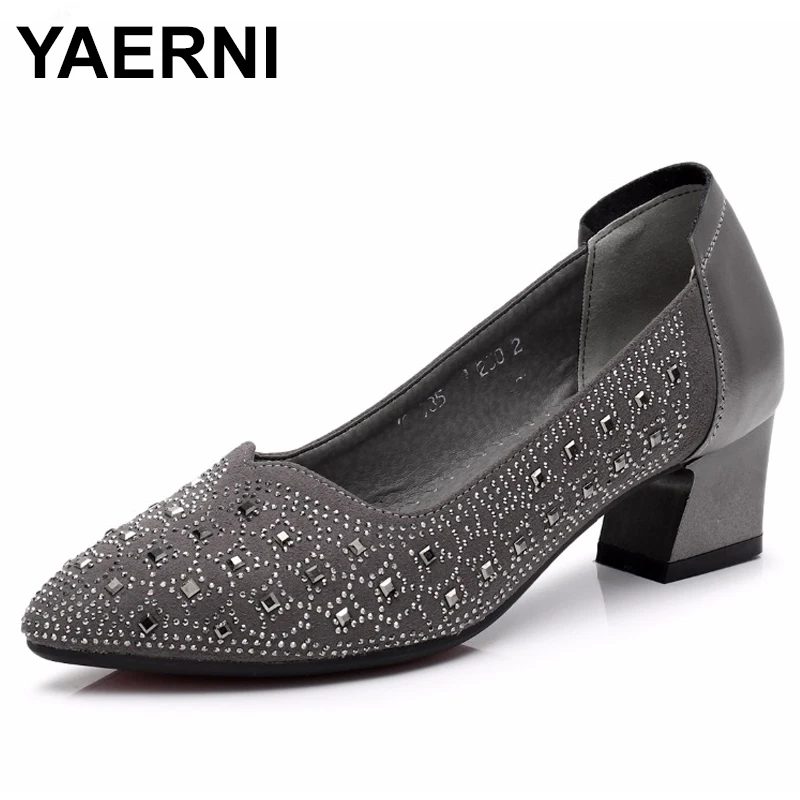 

YAERNIFashion Genuine Leather Shoes Woman Pointed Toe Women Pumps Shallow Slip-on Square Heel Zapatos Mujer Shoes Med heels E555