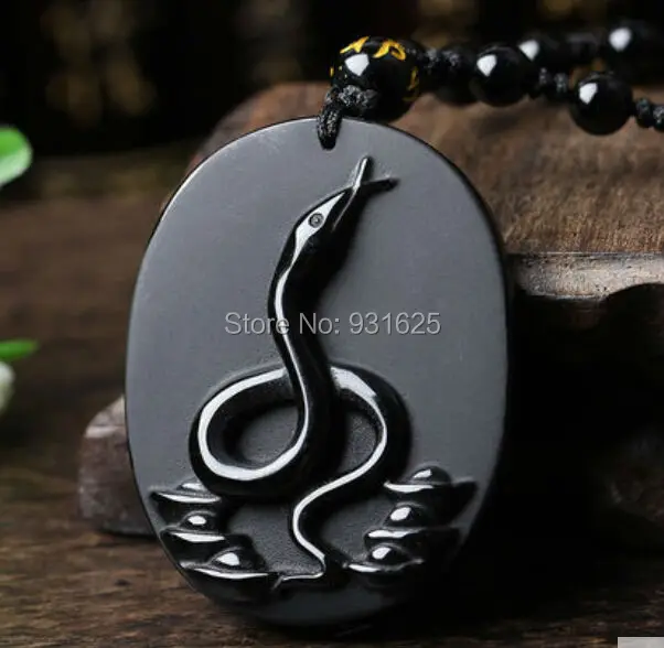 Новый красивый ручной работы натуральный черный обсидиан вырезанный китайский зодиак змея счастливый оберег кулоны бесплатная ожерелье модные украшения.