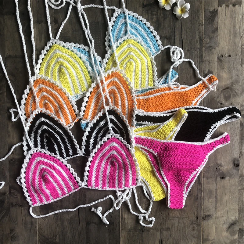 

New Striped Swimsuit Women High Waist Micro Bikini Set Crochet Trim Bikini Sets Two Pieces Swimwear 2021 Girl Sexy Swimsuits