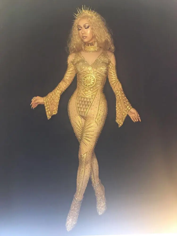 2018 New Gold Crystals Jumpsuit Sexy Nightclub Costume Rompers Women Outfit Diamonds Bodysuit Birthday Celebrate Occasion Wear