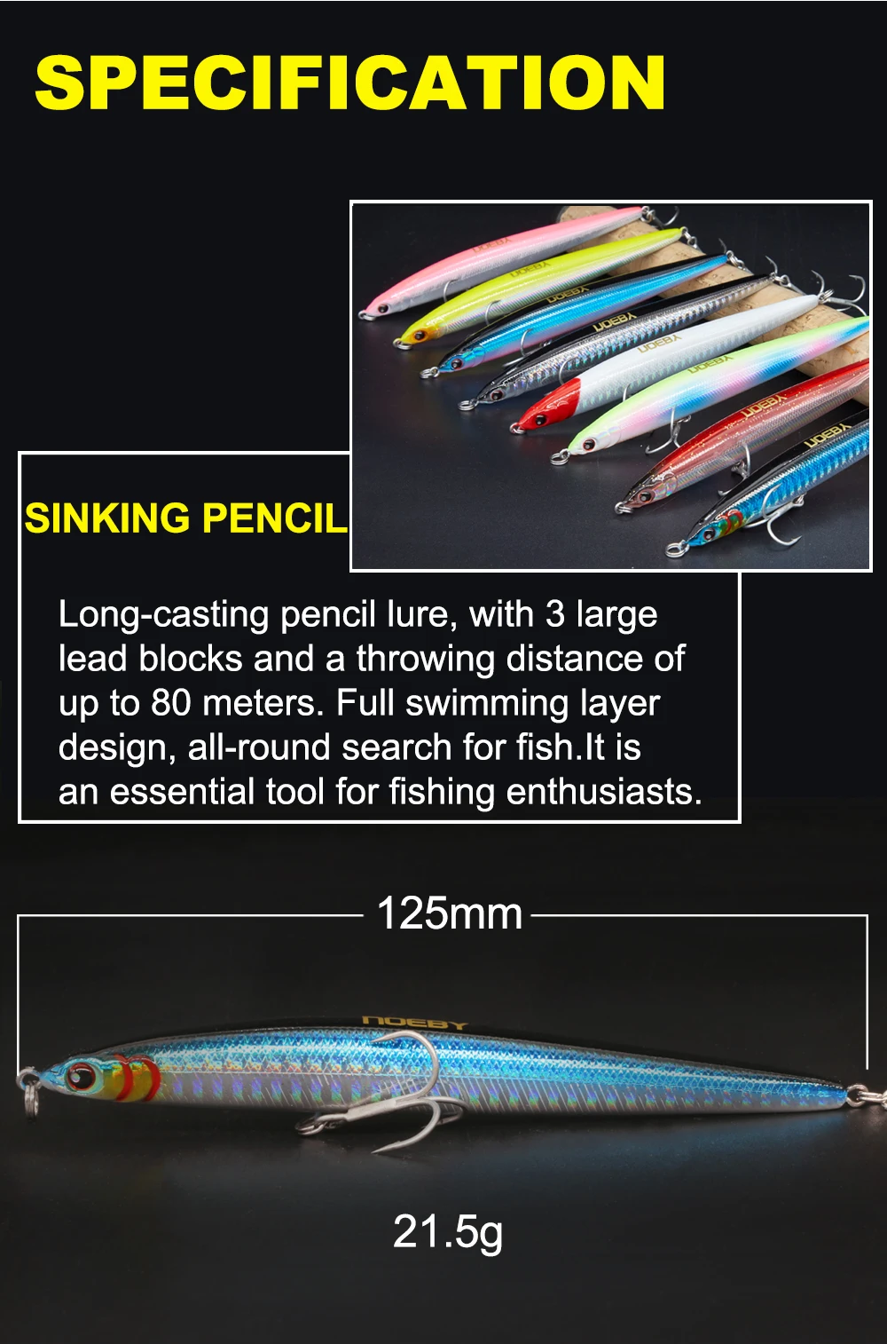 NOEBY NBL9126 карандаш Тонущая приманка stickbait Блюз код тонкий C длинный литье Рыбная приманка вобблер 125 мм/21,5 г для морского окуня