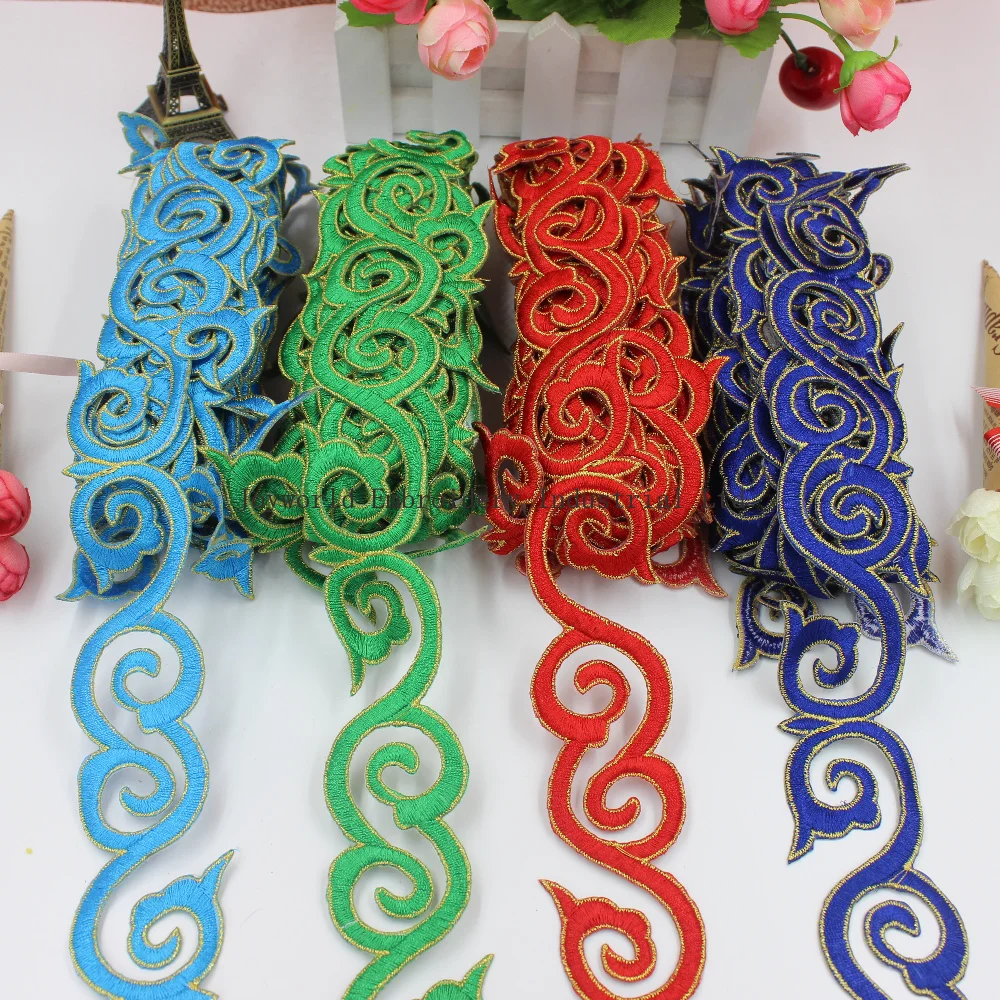 

1 Yard Gold Embroidered Lace Iron on Appliqued 3D Flower Cosplay Braided Ribbon Gold Costume Trims 5CM Wide
