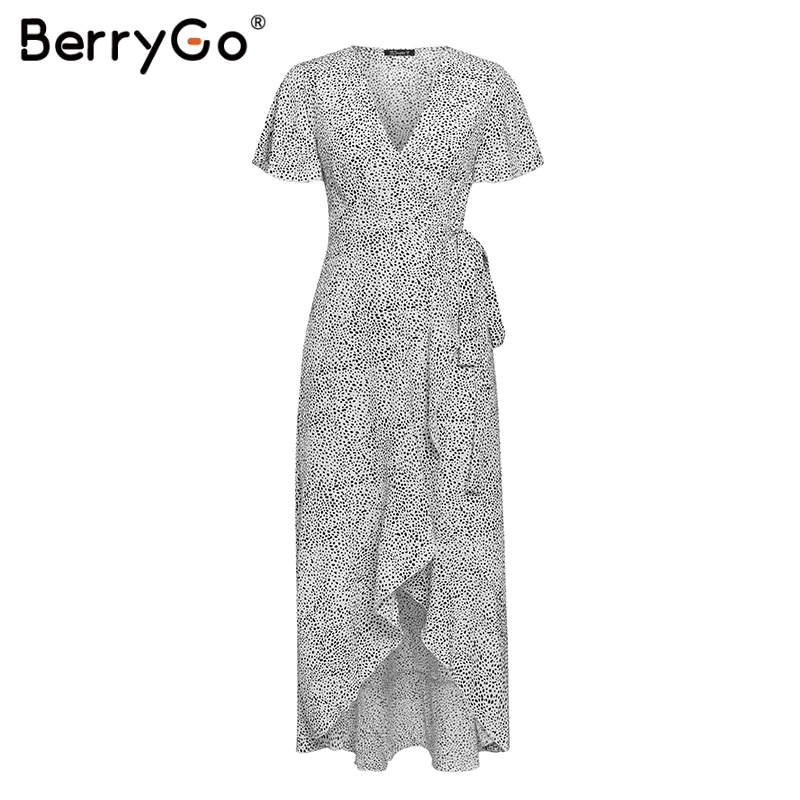 BerryGo, женское платье, сексуальное, на шнуровке, Леопардовый принт, бохо, длинное платье, летнее, Vneck, короткий рукав, в горошек, размера плюс, платье с разрезом - Цвет: Белый
