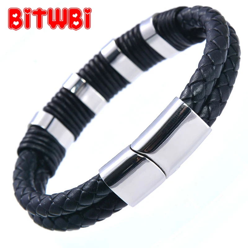 

Double 6mm Cowhide Rope Charm Style Bracelets for Women Men Scrub Stainless Steel Magnet Bracele jewelry Bangles