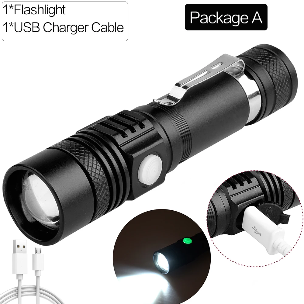 Package A T6/L2/V6 светодиодный фонарик, Мощный USB фонарь, тактический фонарь с 18650 зумом, регулируемым фокусом для кемпинга, пеших прогулок - Испускаемый цвет: Package A