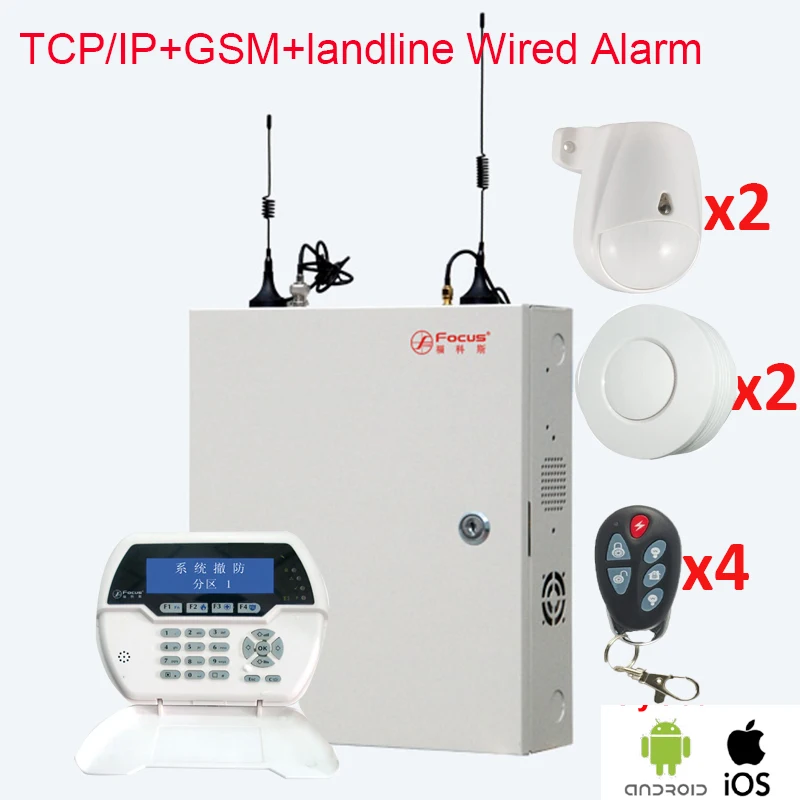 

Wired alarm box with 2 wireless motion sensor, 2 smoke detector DIY Focus FC-7688 PSTN GSM TCP IP wireless&wired alarm system