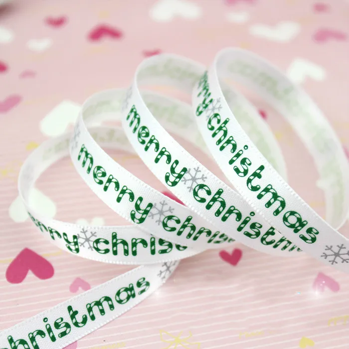 10 мм красный зеленый буквенный принт Grosgrain ленты Счастливого Рождества атласные