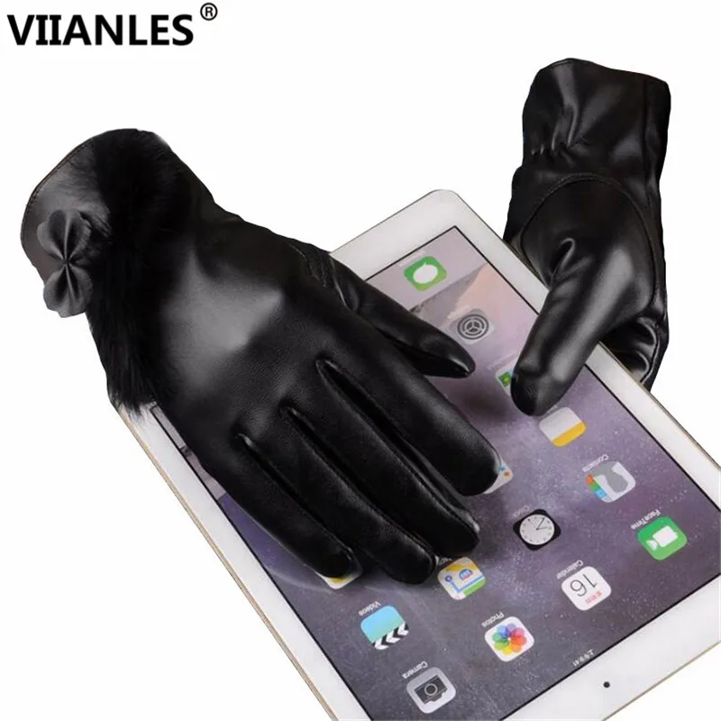 

VIIANLES Touched Screen Gloves Women PU Leather Glove Winter Mittens Female Faux Rabbit Fur Mujer Femme Black Waterproof Guantes