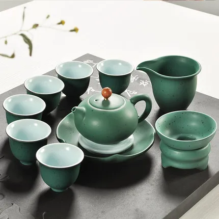 Japanese Kung Fu tea ceramic sets colorful glaze green pots cups bowl home Tea table decoration | Кухня столовая и бар