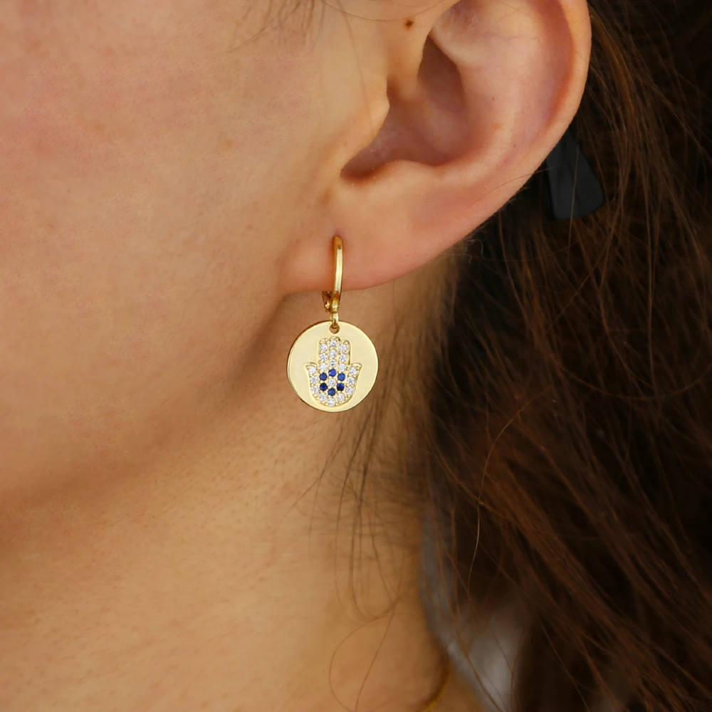 

Женские серьги золотистого цвета с геометрическими монетами, синие и белые серьги с гравировкой из фианита, модные серьги с подвесками, юве...