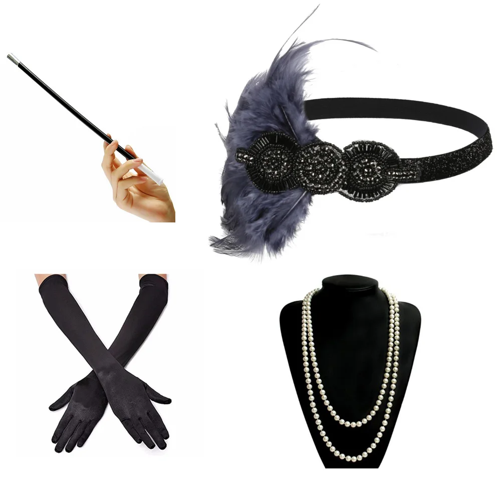

4 Pcs/Set 1920s Flapper Accessories Gatsby Costume Accessories Set 20s Flapper Headband Pearl Necklace Gloves Cigarette Holder