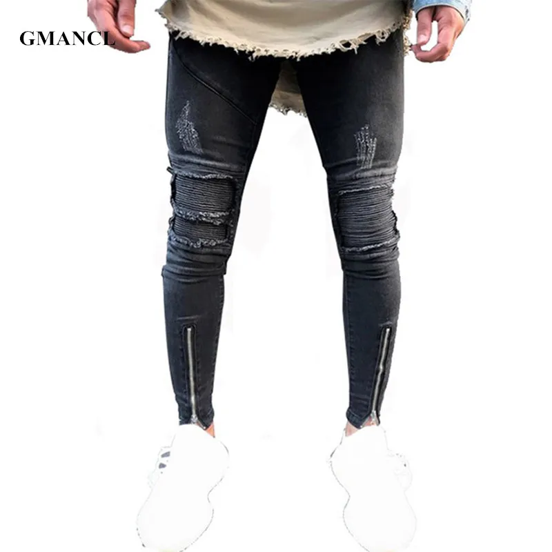 

GMANCL Men's Pleated Biker Jeans Pants Slim Fit Brand Designer Motocycle Denim Trousers For Male Skinny Washed Multi Zipper