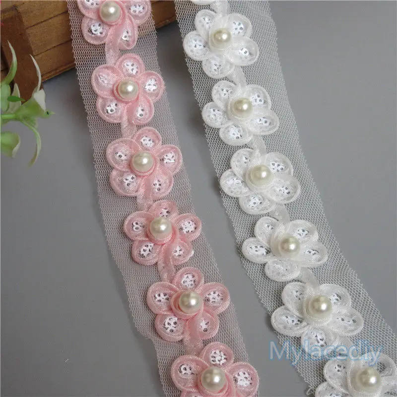 Аппликация с цветочной вышивкой и жемчужинами 10 шт.|trim ribbon|embroidered lacelace edging |