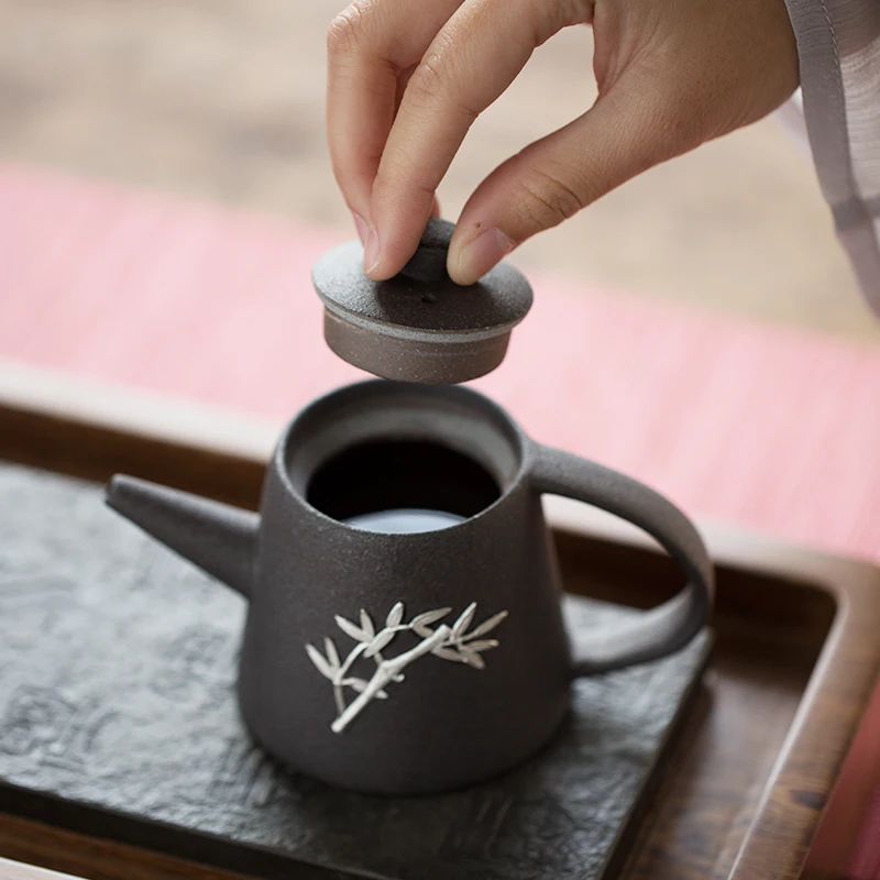 Черный японский грубый керамический чайник Zen вырезанный дизайнерский чайный