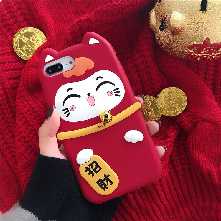 For iPhone XS max Lucky Cat Soft case for iphone 11 pro XR X 6 7 8 plus Maneki Neko Festive soft phone Small bell |