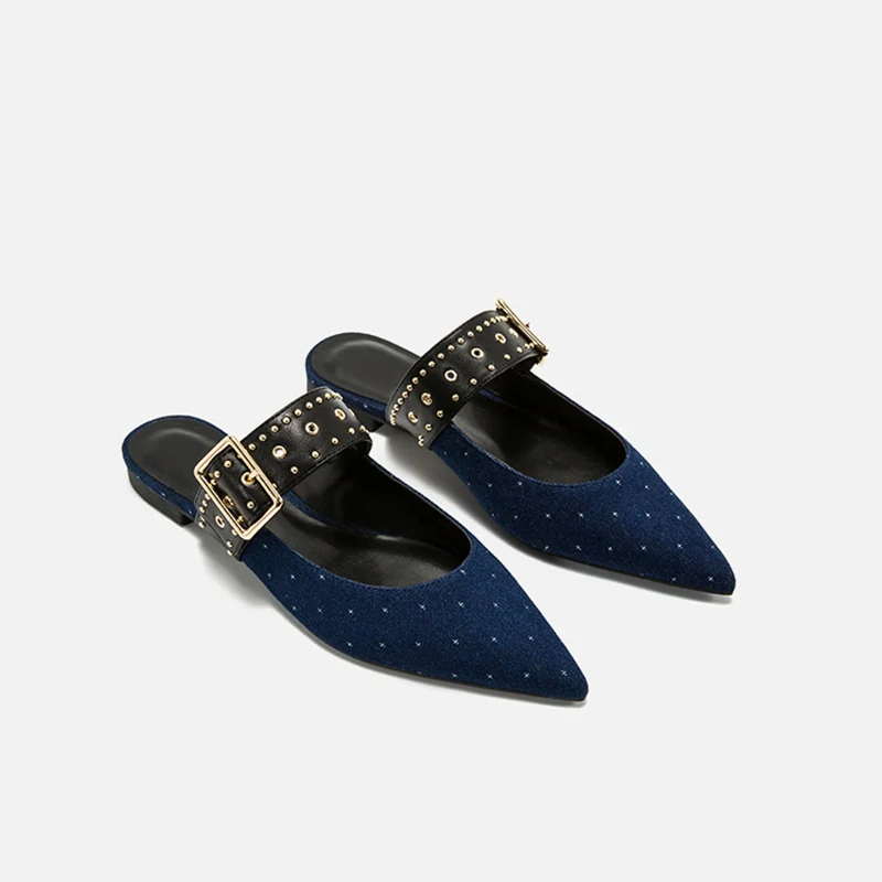 Blue Baimier/летние женские сандалии из натуральной кожи; золотой ремешок с пряжкой с заклепками; женские шлепанцы; коллекция года; летние пляжные женские сандалии без застежки на плоской подошве - Цвет: Blue