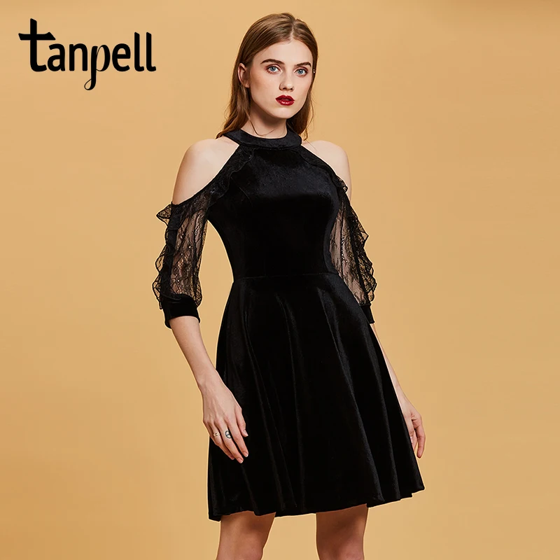 

Tanpell halter short cocktail dress black prom knee length a line gown women party sexy open shoulders velvet cocktail dresses