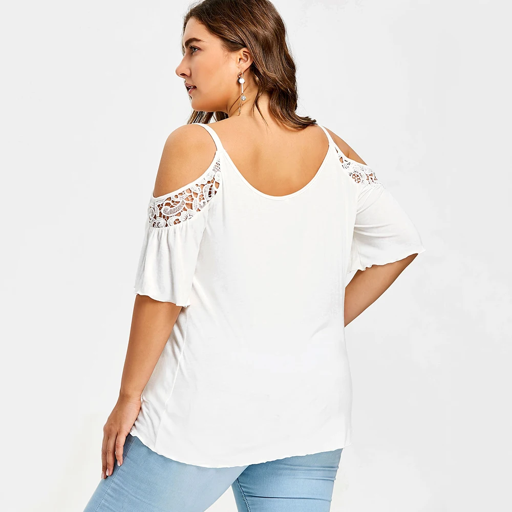 Женская летняя блузка ROSEGAL белая кружевная с открытыми плечами и вставками 2019 |