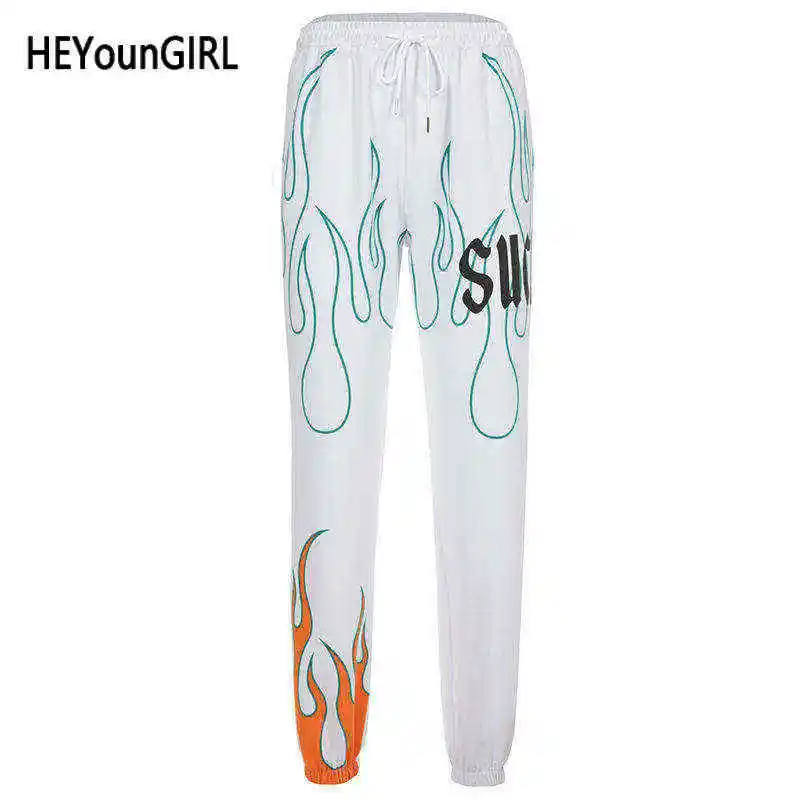 Белый HEYounGIRL с огненным принтом повседневные Джоггеры для женщин Harajuku белые штаны с высокой талией Капри Свободные мешковатые брюки Дамская уличная одежда лето - Цвет: Белый