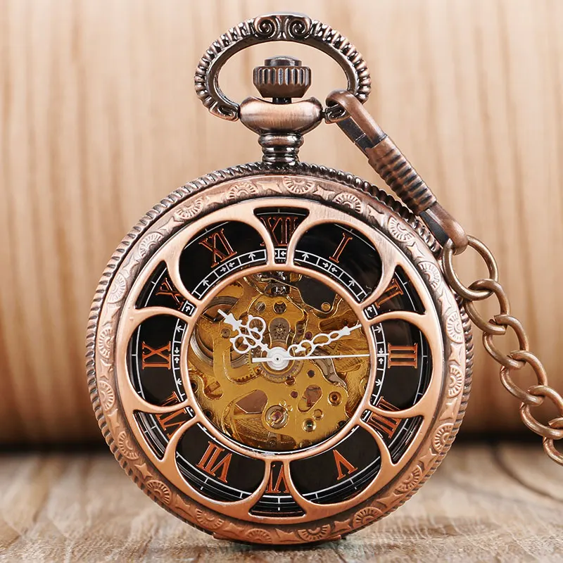 Self- Wind Hollow Flower Pendant Pocket Watch Rose Copper Women Open face design Chain Watches Men  Automatic Mechanical Clock
