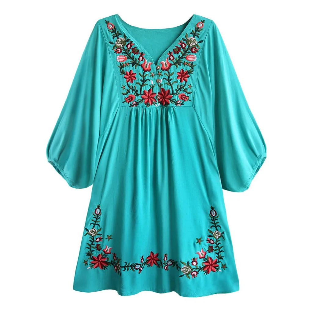 2019 женская летняя модная свободная Цветочная вышивка кэжуал туника топ богемная