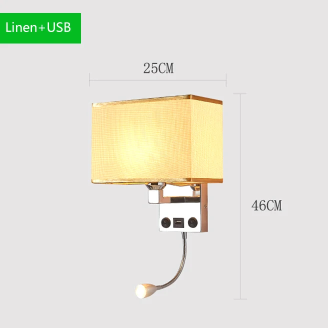 Linen USB Светодиодный настенный светильник, бра в спальне, интерьерные настенные бра с выключателем E27, лампа USB, Современная черная прикроватная лампа для помещений, изголовье - Цвет абажура: Linen USB