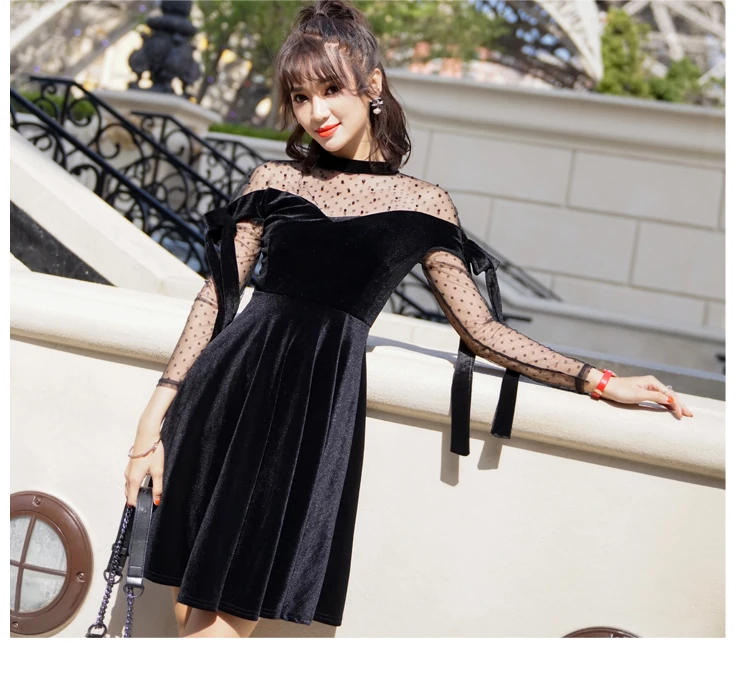 Винтажное бархатное платье для женщин весна 2019 черное прозрачное Сетчатое в
