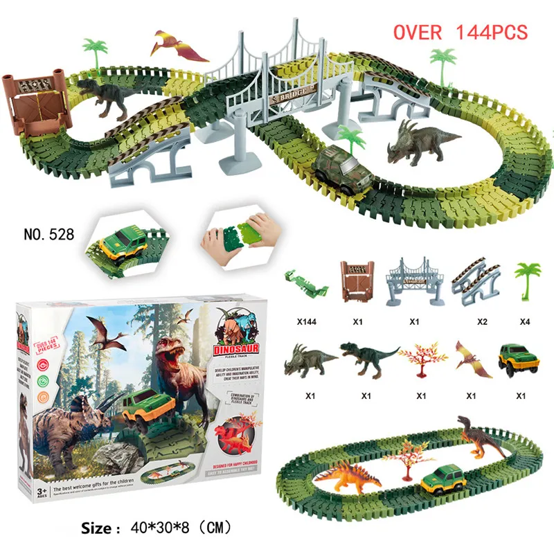 

Dinosaur Race Car Track Set with 144 Pieces Flexible Tracks Set 2 Dinosaurs DIY Tracks with Electronic Racing Car Birthday Gift