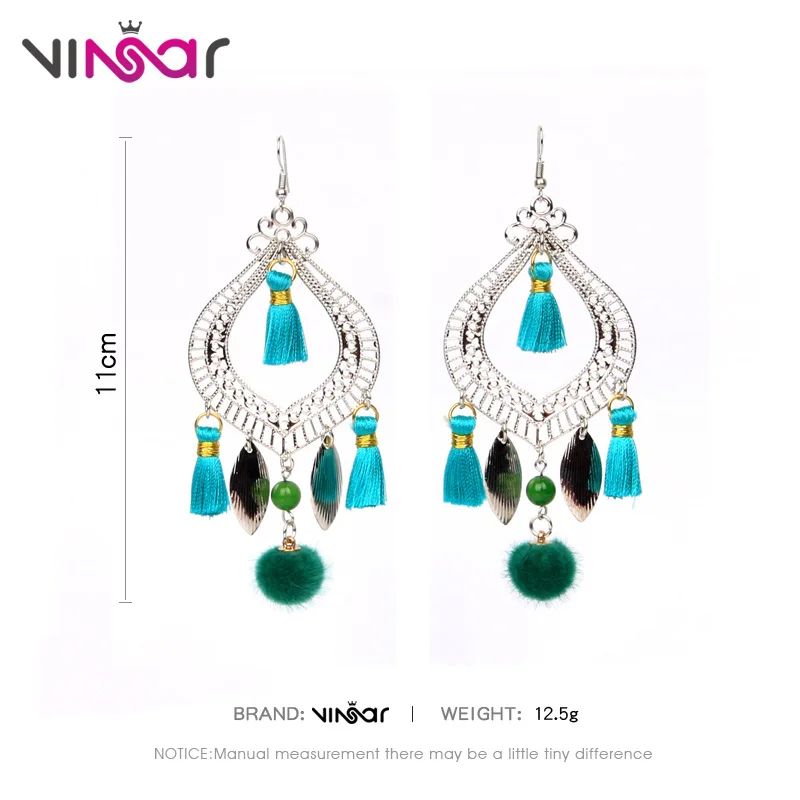 VINSAR длинной кисточкой серьги женские этнические листьев Fringe Серебряный Dandling с