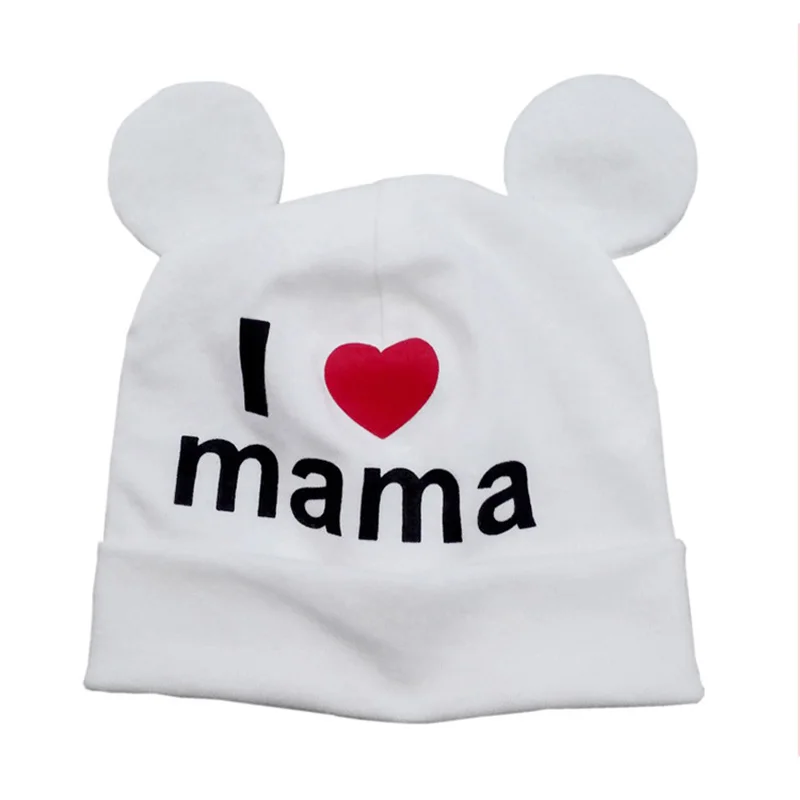 white 0-12months С милыми ушками; шапочка для новорожденного, для малыша, для мальчиков и девочек хлопковая шапка мягкая осень-зима для детей с надписью «I Love mama» и «I Love papa» и шапки с принтом - Цвет: white 0-12months
