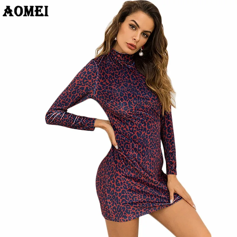 Mini Dress Velvet Long Sleeve Slim Autumn Fashion Leopard Printing for Women Dresses Casual Wear Retro Sheath Tunics Clothing | Женская