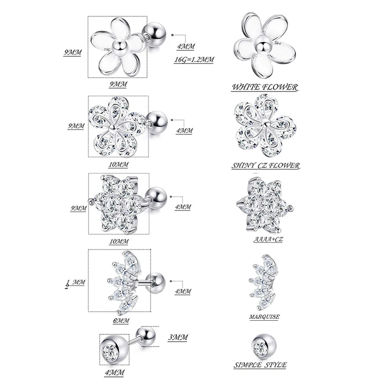 Серьга-гвоздик для пирсинга Хрустальный цветок хрящевой ткани Козелка завитка