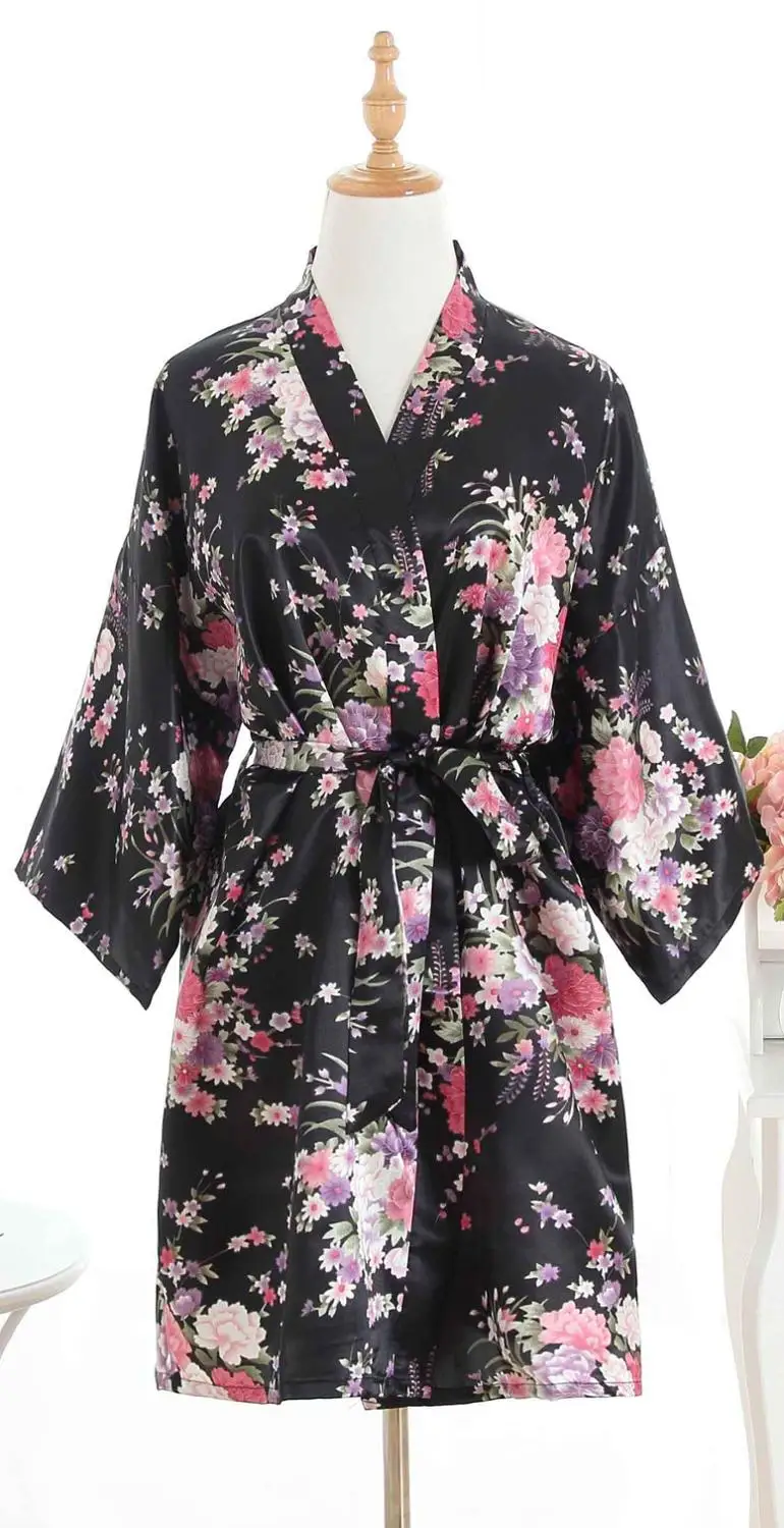 Кимоно BZEL Sakura, халат для женщин, шелковые халаты для невесты, короткие сексуальные женские халаты, халаты для невесты, халат для невесты, платье для невесты, халат для невесты - Цвет: black