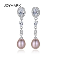 joymark luxury women cubic zirconia freshwater pearl long stud earrings 925 sterling silver wedding jewelry for bride jpse032