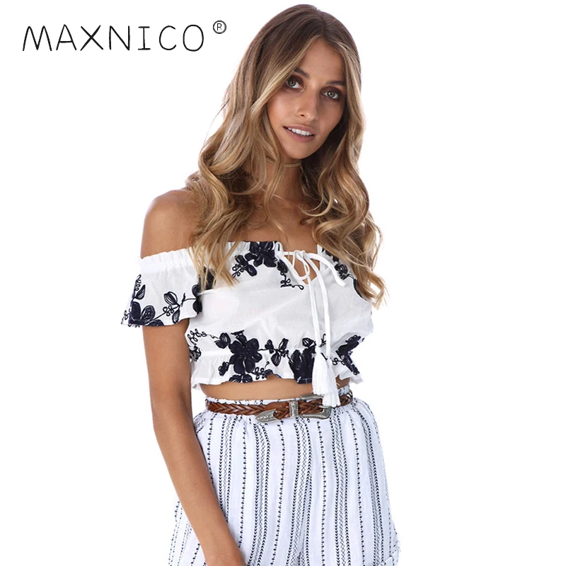 Maxnico сексуальная Slash шеи Топ женский белый Принт укороченный Тонкий блузка