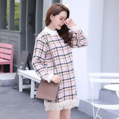 

Pregnant Dress Fashion Knit Plaid Long Sleeve Clothes for Pregnant Women Large Size Tassel Pregnancy Clothing Maternity Dresses