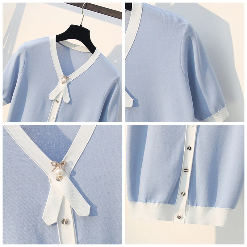 Summer Autumn pearl beading Cardigan Women Chic Style Knitted Blouses Short sleeve Shirt V-neck patchwork Blusas B-117 |