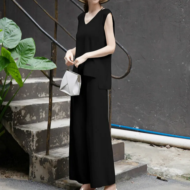 2 Piece Set Women Autumn White Sleeveless V-neck Casual Knitting Club Top and Black Full Length Office Lady Pants Two Piece Set