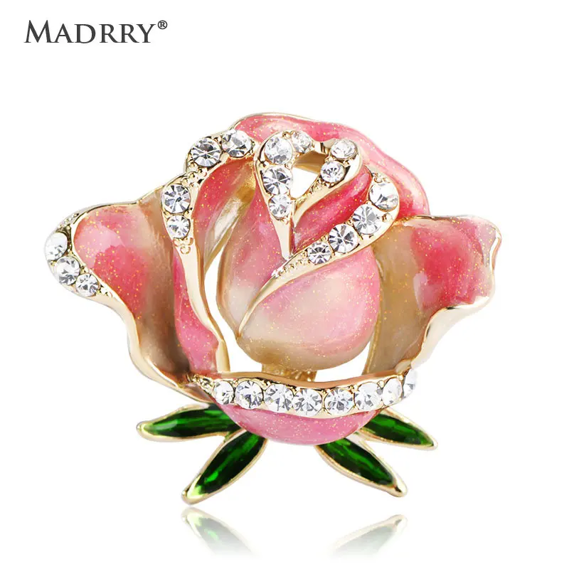 

Madrry Romantic Rose Flower Brooches For Women Bridal Wedding Decoration Red Enamel Pin Crystal Broches Dress Suit Collar Clips