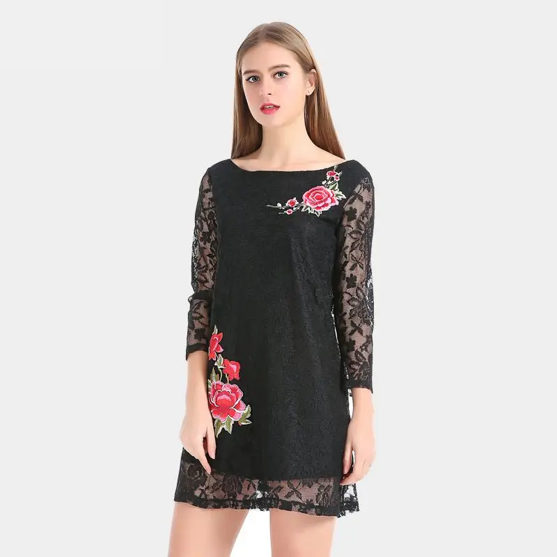 Ruby вики summer dress 2017 sexy women casual three четверти рукав короткий кружева твердые черный