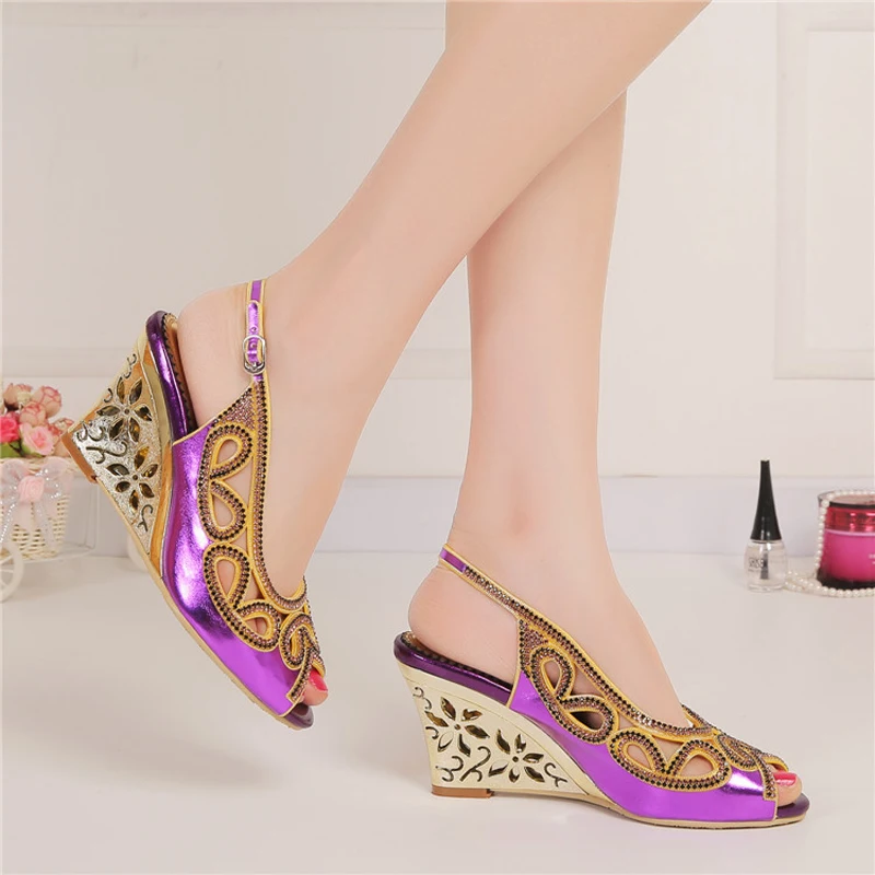 

Fashion Women Dress Shoes Slingback Nightclub Party Prom Shoes Wedding Pumps Purple Summer Sandal Wedge Heel Peep Toe Rhinestone