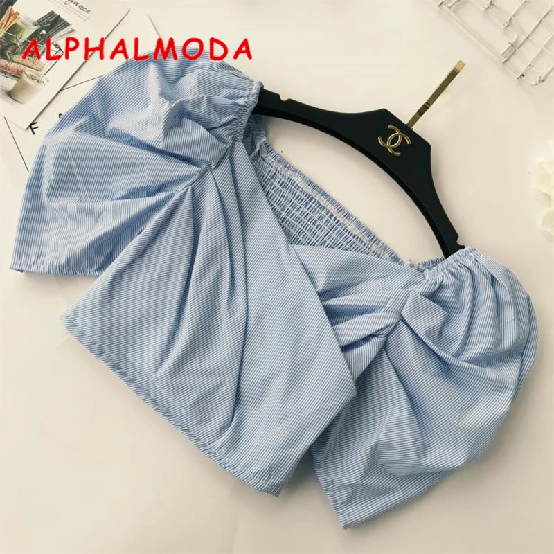 

ALPHALMODA 2018 Summer Women Lantern-sleeved Stretchy Crop Top Pleated Slim Fit Ladies Summer Fashion Tops
