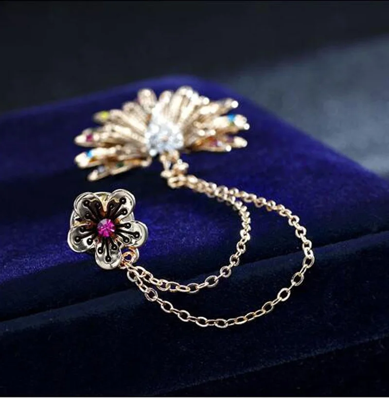 Ретро Стразы Цветок гордый Павлин Двойная Цепочка для женщин ярлык