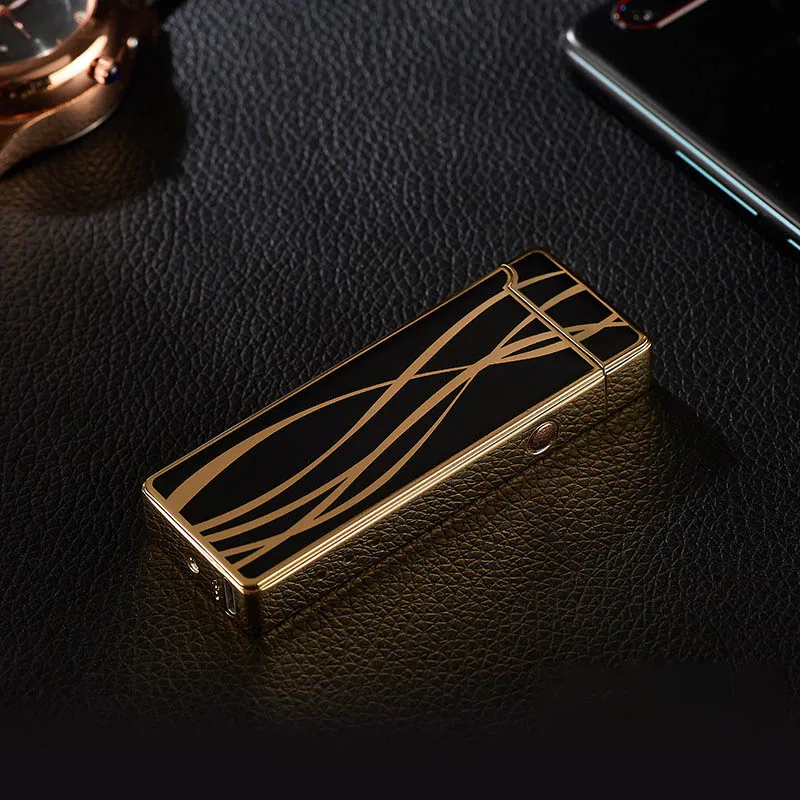 Плазменная Зажигалка USB для курения Электронная перезаряжаемая WilndProof Can Лазерная Зажигалка для сигарет с логотипом - Цвет: black gold 2
