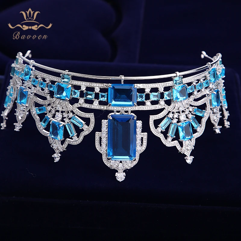 Сверкающие синие диадемы короны из циркона для невесты европейские серебряные