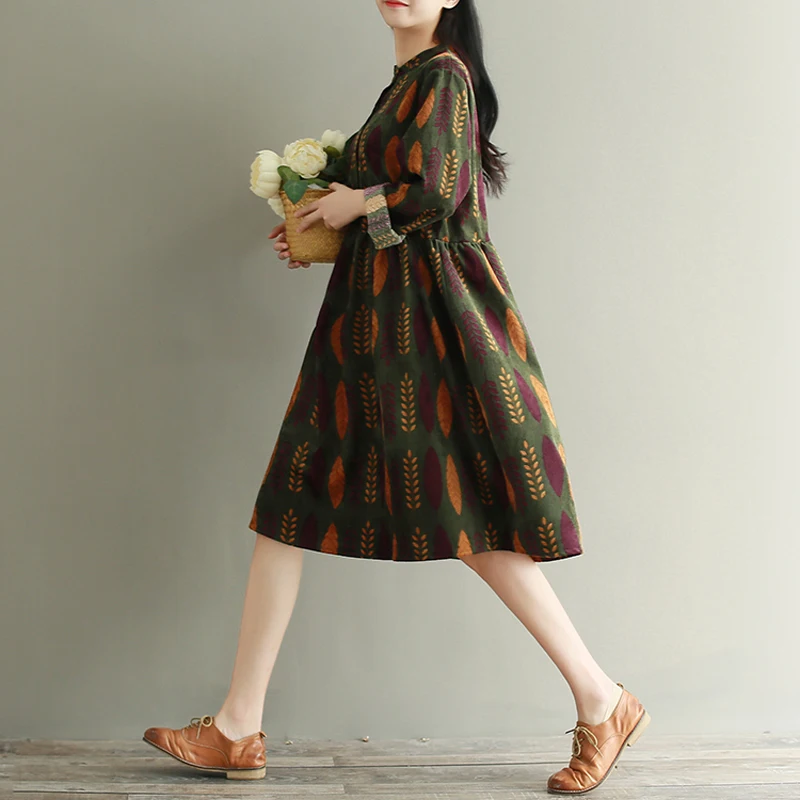 Женская Осенняя мода Винтаж вельвет с цветочным принтом платья длинными