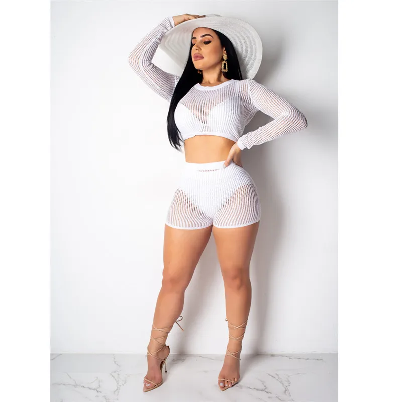 

Women 2pcs Matching set Hollow Mesh Net T-Shirt Long Sleeve crop Top and high waist shorts sexy clubwear Solid Transparent set