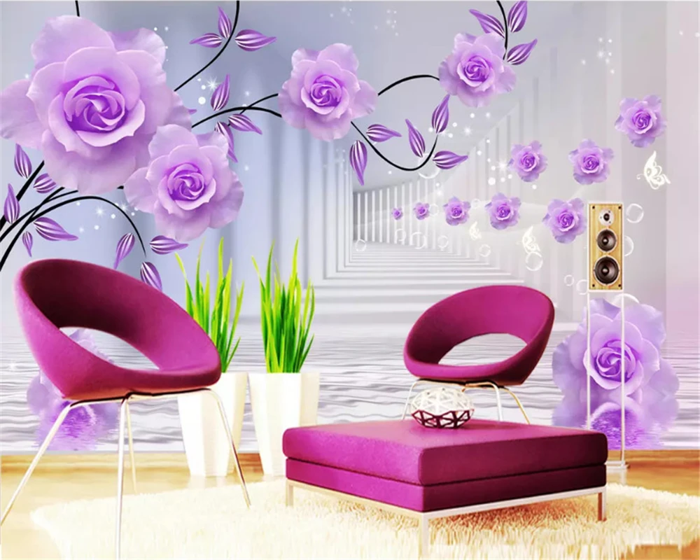 

beibehang Custom size Interior decoration stereo classic wallpaper purple rose reflection TV background wall papers home decor