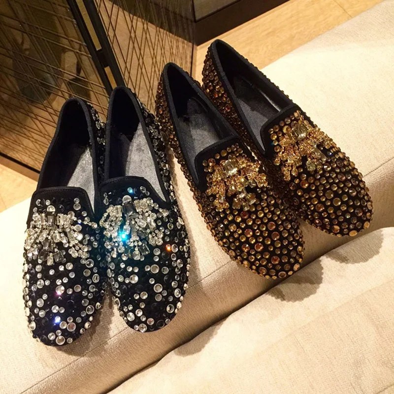 Luxury Shoes Women Designers Sliver Blue Gold Crystal Embellished Flats Round Toe Shallow Casual Loafers Woman Dress | Обувь